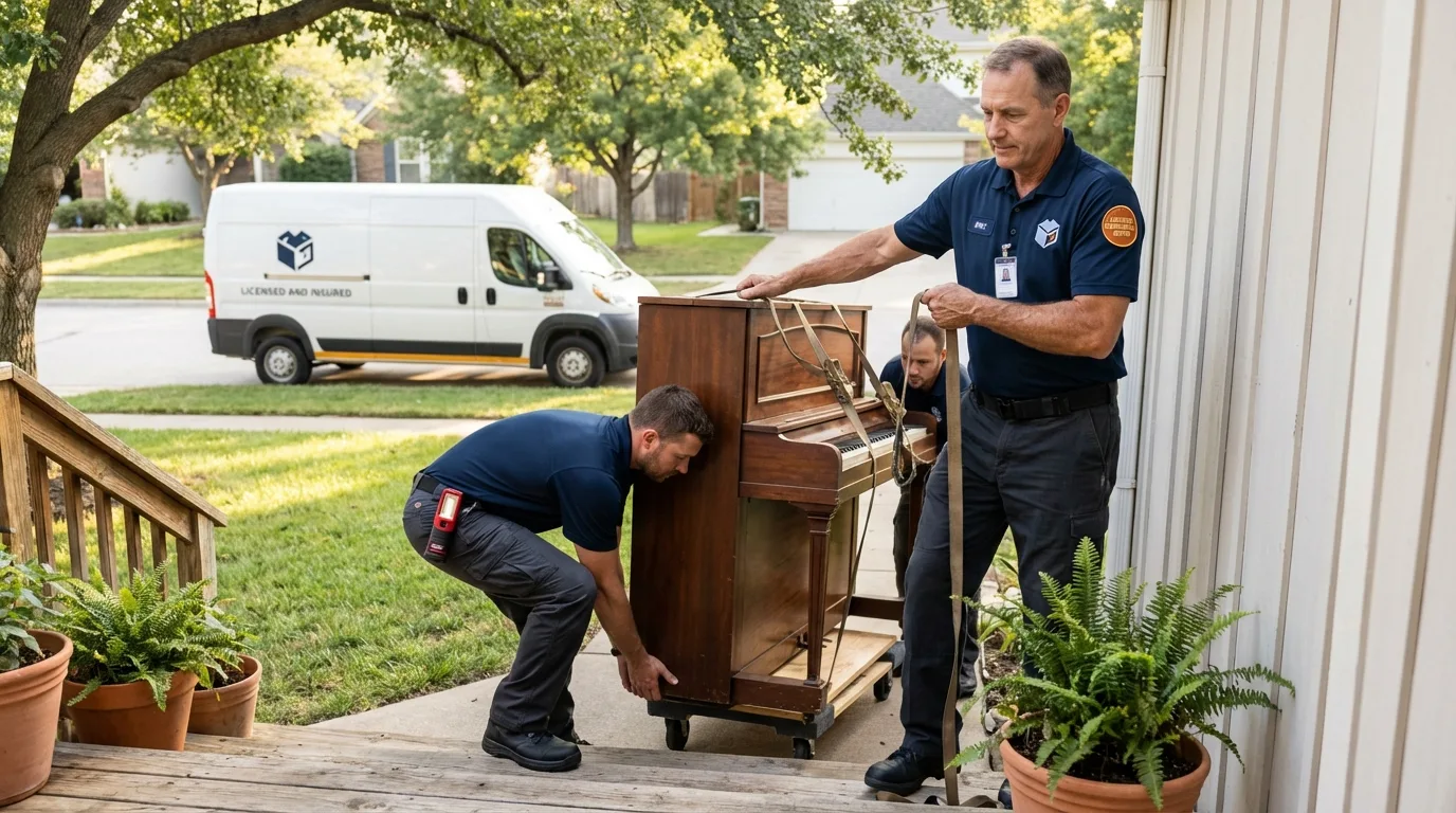 Licensed piano movers securing grand piano in Lagrange, OH