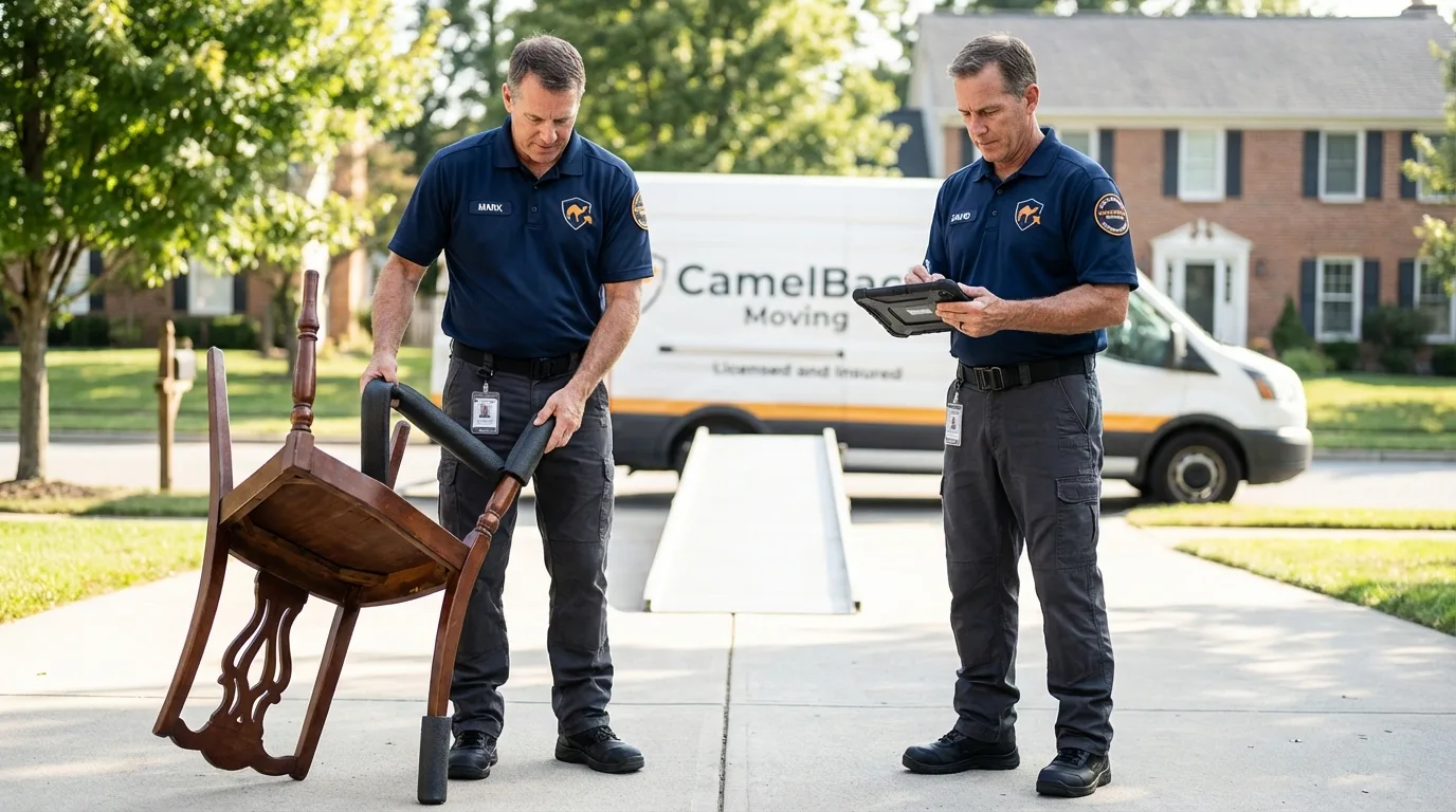 Movers inspecting furniture for damage prevention before loading in Lagrange, OH