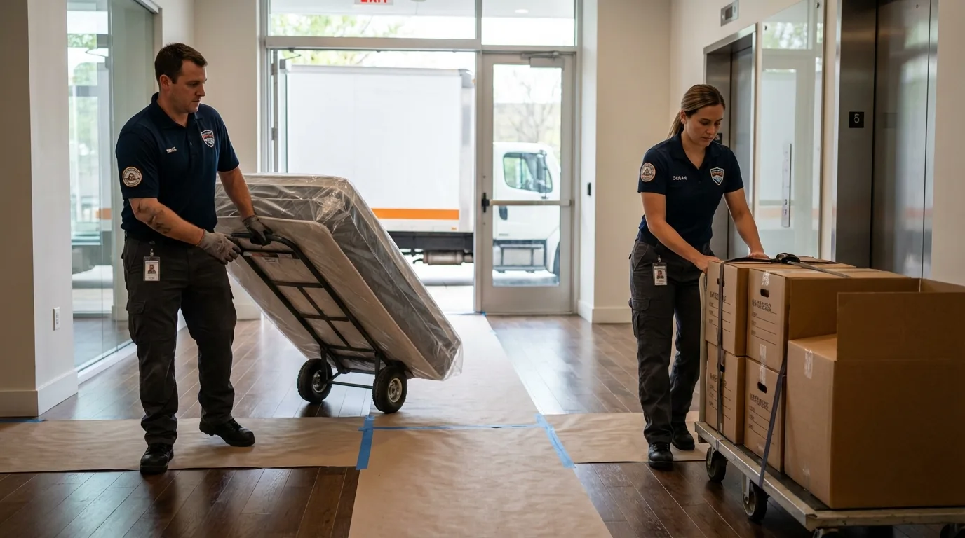 Professional apartment movers loading elevator in Lagrange, OH
