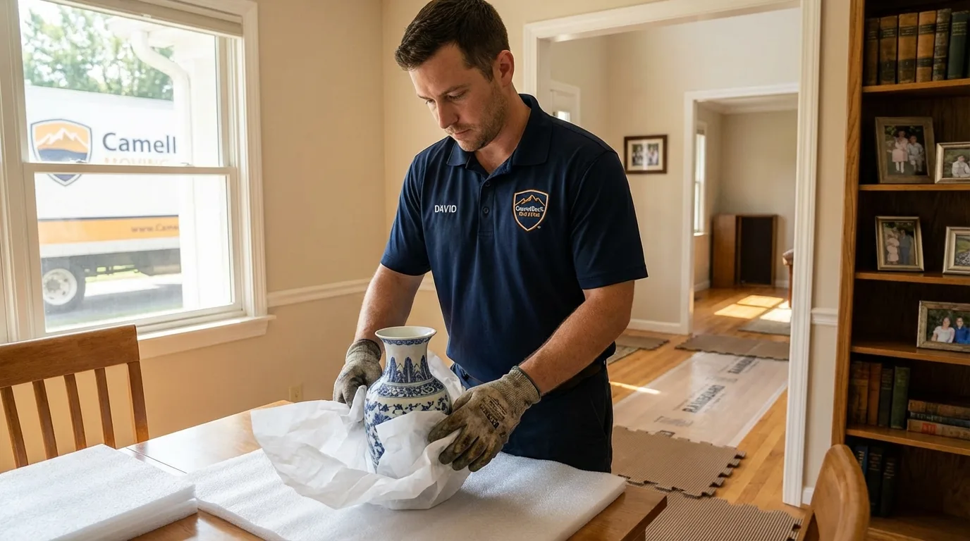 Professional crew carefully wrapping antique vase for senior downsizing move in Lagrange, OH